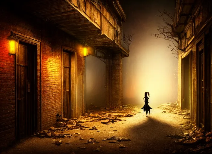 Prompt: photo of an alley of an abandoned city at night with a lone elven woman warrior sitting in the corner leaning on a closed door. Fantasy magic horror style. Highly detailed 8k. Intricate. Nikon d850 55mm. Award winning photography.