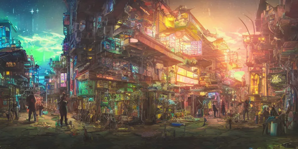 Prompt: diverse group of solarpunk craftspeople crafting building creating eldritch artifacts independently, vibrant, hyperrealistic, detailed eyes, neon samurai, cyberpunk in nature, natural, outdoors, bright sky