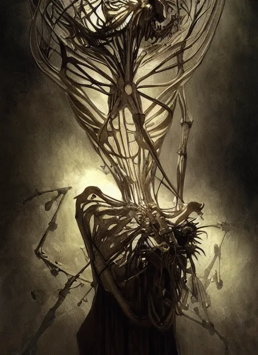 Image similar to skeletal dream, physically accurate, moody dynamic lighting, very very intricate, very very elegant, highly detailed, digital painting, artstation, HR GIGER, Hieronymus Bosch, Francis Bacon, concept art, smooth, very beautiful, sharp focus, illustration, art by artgerm and greg rutkowski and alphonse mucha