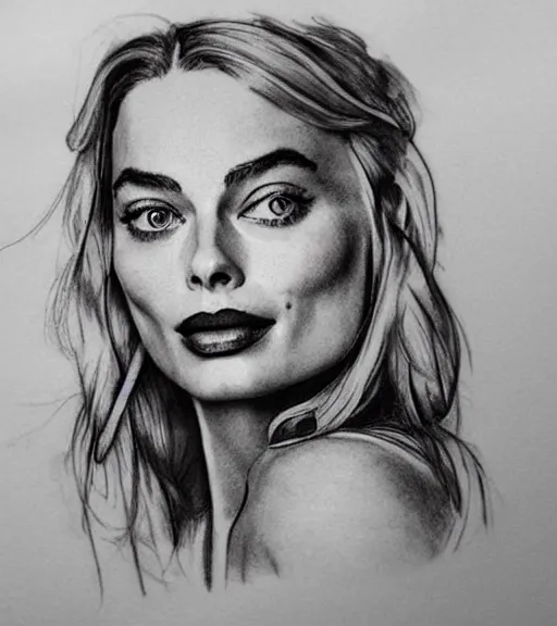 Image similar to tattoo design sketch mash up of margot robbie with beautiful mountain scenery, double eposure effect, in the style of arlo dicristina, surrealist, amazing detail, sharp