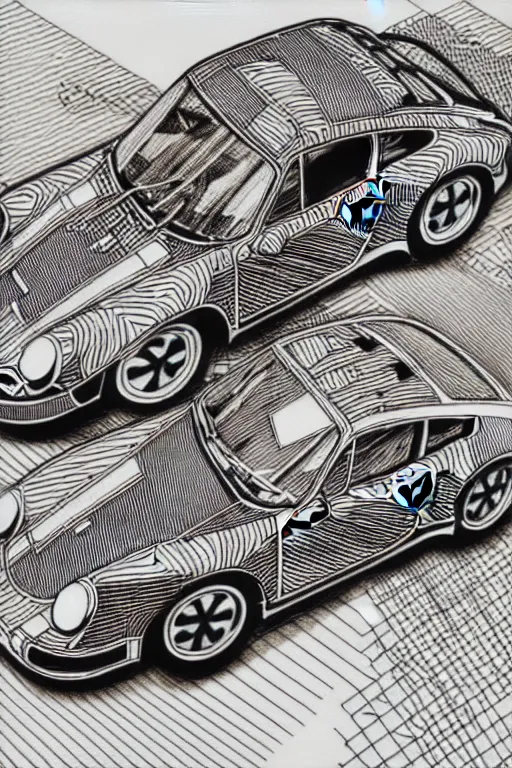 Image similar to a black and white drawing of a porsche 9 1 1, a detailed mixed media collage by hiroki tsukuda and eduardo paolozzi and moebius, intricate linework, sketchbook psychedelic doodle comic drawing, geometric, street art, polycount, deconstructivism, matte drawing, academic art, constructivism