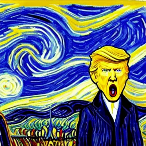 Image similar to donald trump as edvard munch's the scream, van gogh's the starry night in the background