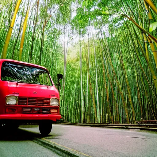 Prompt: a red daihatsu delta truck parked in the apex of a curve with the road surrounded by a canopy of bamboo trees, the shadows of the leaves are proyected onto the road photographed with a nikon f 3 camera and a 3 5 mm f / 4 lens using portra 4 0 0 film stock