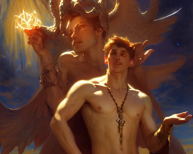 Image similar to attractive male deity, casting demonic magic, summoning handsome lucifer morning star. highly detailed painting by gaston bussiere, craig mullins, j. c. leyendecker 8 k