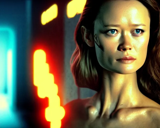 Image similar to summer glau as synthwave terminator, hyperrealism, action movie still, 4k, cdx