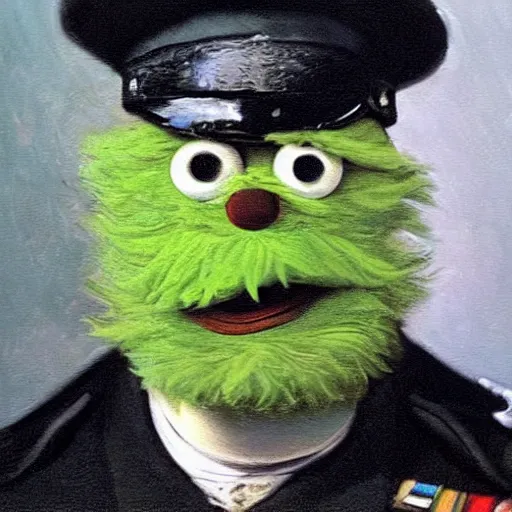 Prompt: “Oil painting by Rembrandt of Oscar the Grouch wearing a military officer’s uniform.”