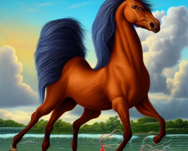 Image similar to stallion horse with long flowing mane and tail by Creative American Surreal Paintings by Kevin Sloan Magical Realism 8k