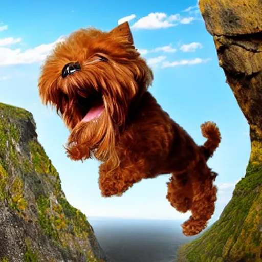 Image similar to a hairy dog jumping from a cliff with a parachute