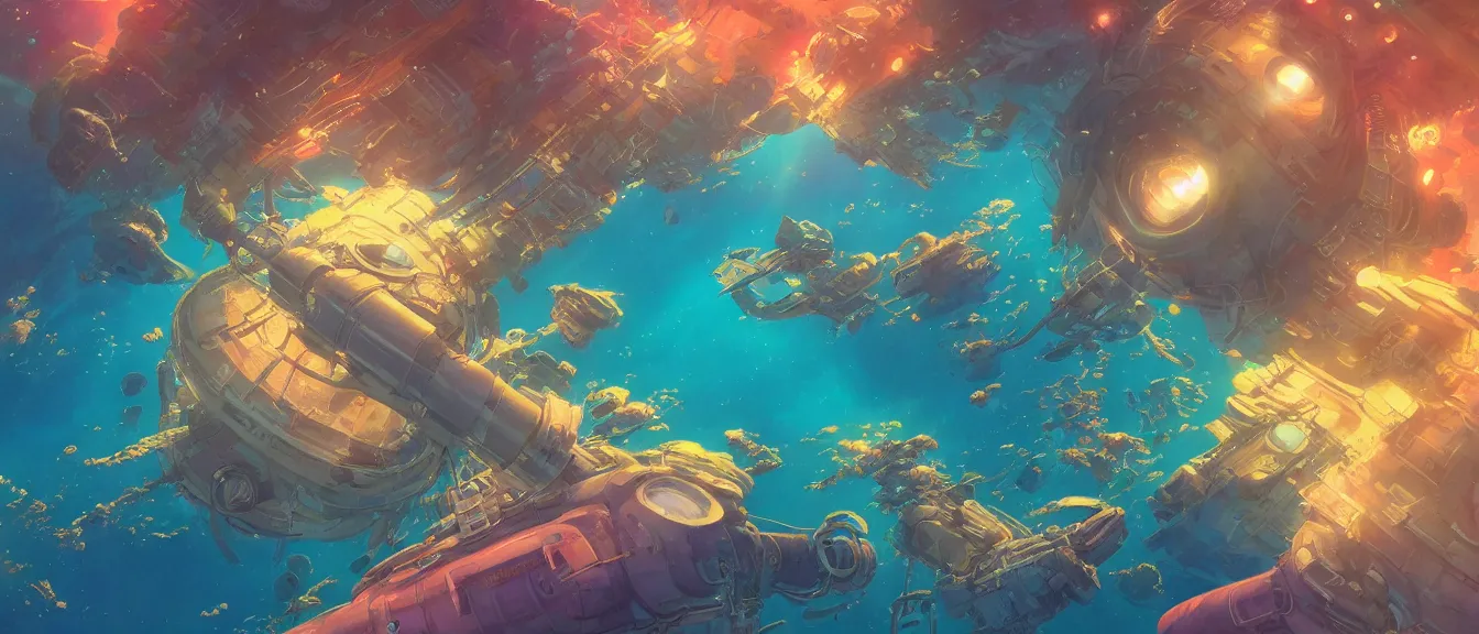 Prompt: underwater space station on a colorful ocean, unreal engine, fantasy art by greg, loish, rhads, ferdinand knab, makoto shinkai, lois van baarle, ilya kuvshinov, rossdraws, tom bagshaw, global illumination, radiant light, highly detailed intricate environment, isometric, onstudio ghibli, octane render, 8 k