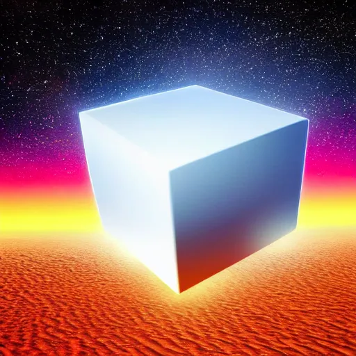 Prompt: a cube of space water floating in the middle of an empty desert, black cube, colorful stars inside the cube, extremely detailed digital art, ominous, artgem, breathtaking, smooth, award winning