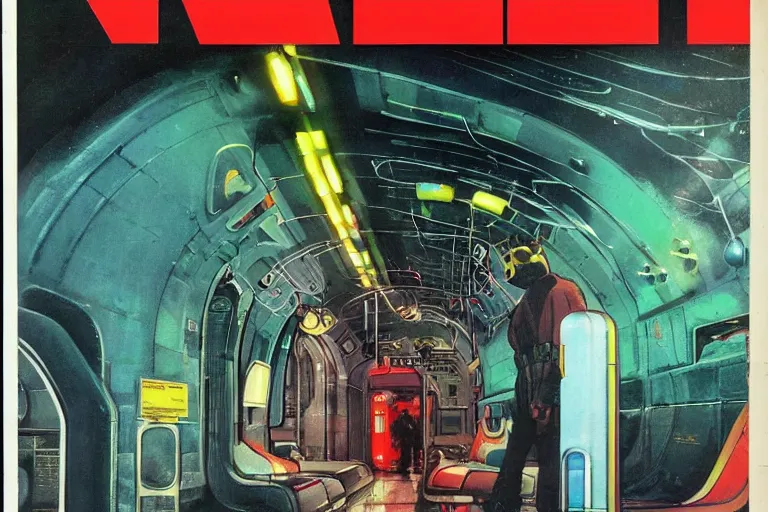 Image similar to 1979 OMNI Magazine Cover of a subway train maintenance tunnel. Cyberpunk Akira style by Vincent Di Fate