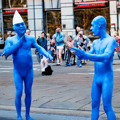 Prompt: surrealist conehead blue man group street performers photography