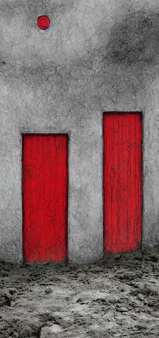 Image similar to huge detailed red door standing in wasteland in style of zdzisław beksinski