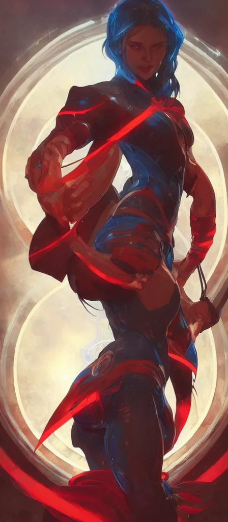 Image similar to the strongest hero, concept art, artstation, digital art, dark colors, red and blue lighting, sharp focus, illustration, art by artgerm and greg rutkowski and alphonse mucha