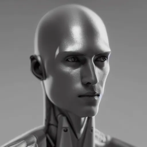 Image similar to “a realistic detailed photo of a guy who is an attractive humanoid who is half robot and half humanoid, who is a male android, Coach Shawn Flaherty, shiny skin, posing like a statue, blank stare, different eye colors, on display, sparks coming out from his body”