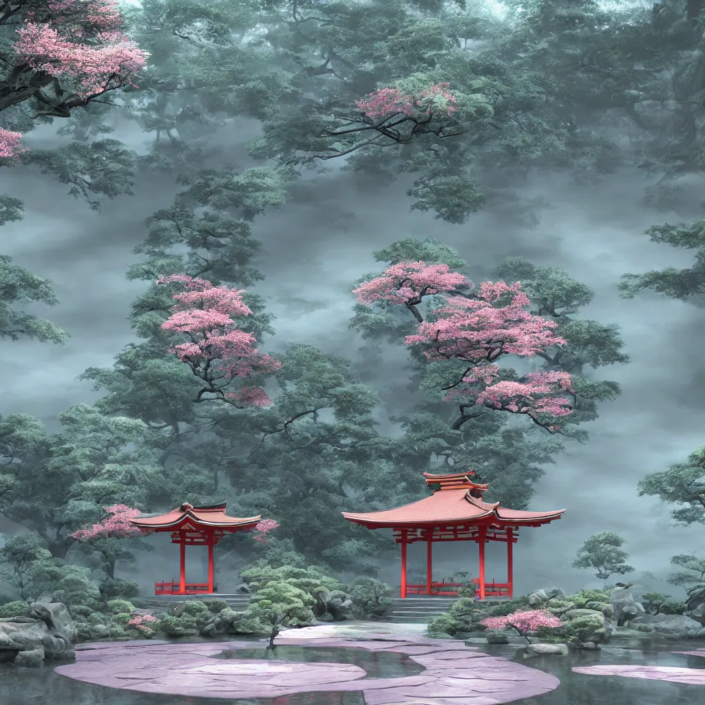 Image similar to Japanese shrine in misty morning, highly detailed, dreamlike!, 3D render, volumetric lighting, digital art, blue and pink accents, 8K photography, matte photo-realistic, vivid colors, perspective, octane render, breathtaking, by Maximilian DegenPro of Artstation