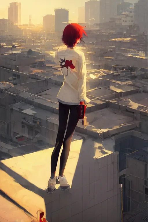 Prompt: A ultradetailed beautiful panting of a stylish girl standing on a rooftop, she is wearing streetwear, by Ilya Kuvshinov, Greg Rutkowski and Makoto Shinkai