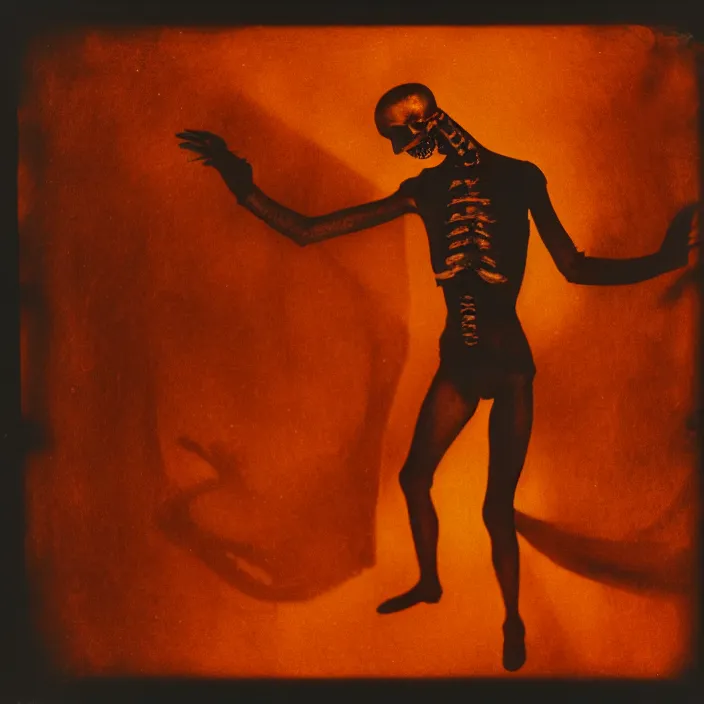 Image similar to kodak portra 4 0 0, wetplate, motion blur, portrait photo of a backdrop, skelleton dance, golden 1 9 2 0 s, coloured in orange fire, sparkling, by georges melies and by britt marling, muted colours
