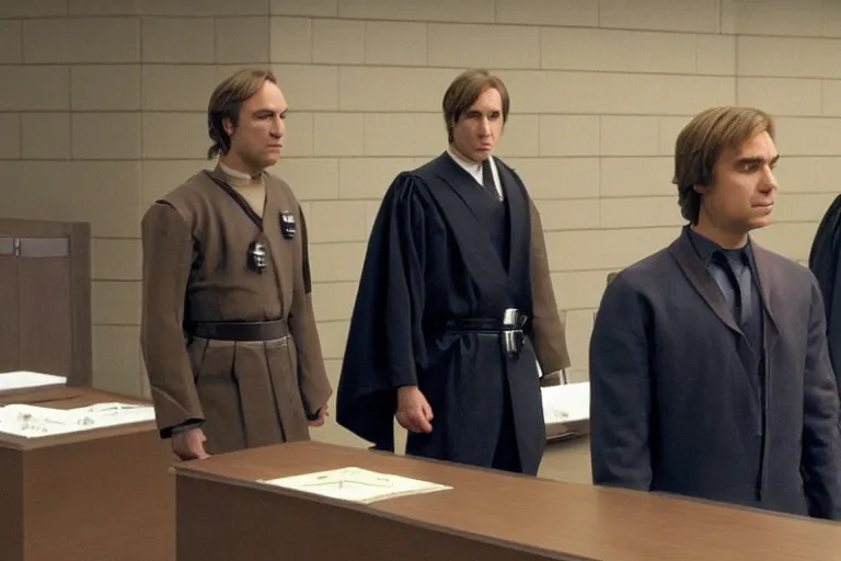 Image similar to saul goodman and anakin skywalker wearing prisoner's uniform in court, court images, 1 0 8 0 p, court archive images