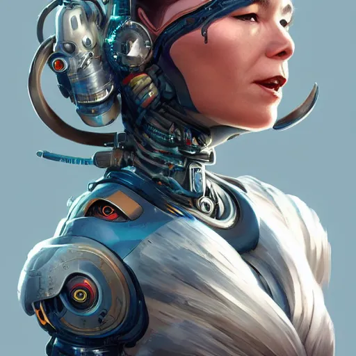 Image similar to bjork as a cyborg, fantasy, portrait, highly detailed, digital painting, trending on artstation, concept art, sharp focus, illustration, art by artgerm and greg rutkowski and magali villeneuv