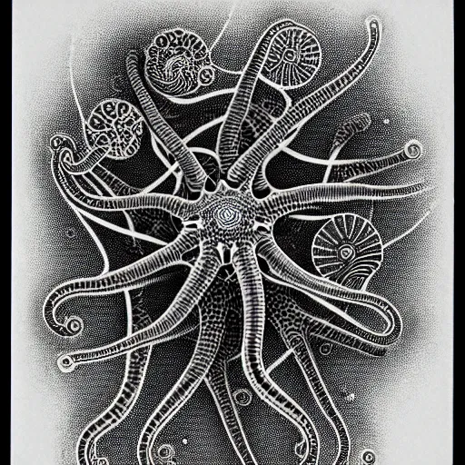 Image similar to a black and white drawing of a variety of sea life and filled with technological space equipment, a microscopic photo by ernst haeckel, zbrush central, kinetic pointillism, bioluminescence, intricate patterns, photoillustration