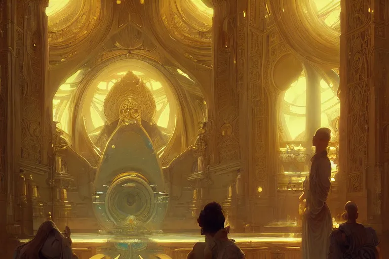 Image similar to a background matte painting for a high tech science fiction religious room with chambers of bubbling liquid gold intricate digital painting artstation concept art smooth sharp focus illustration, art by artgerm and paul chadeisson and greg rutkowski and alphonse mucha