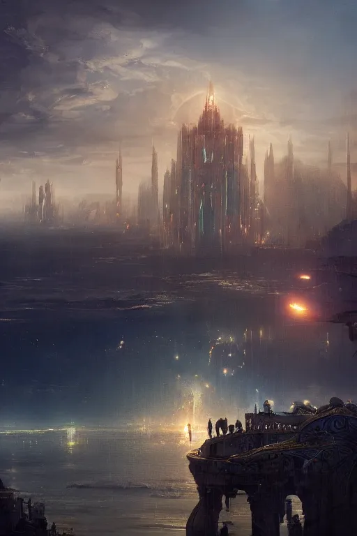 Image similar to magnificent view of the city of atlantis rising on the sea, intricate, elegant, volumetric lighting, digital painting, highly detailed, artstation, sharp focus, illustration, concept art, ruan jia, steve mccurry