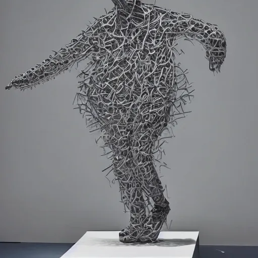 Prompt: a running man with a hat and a big head in a void space, long arm, sculpture by Kohei Nawa, ultra detailed 16k