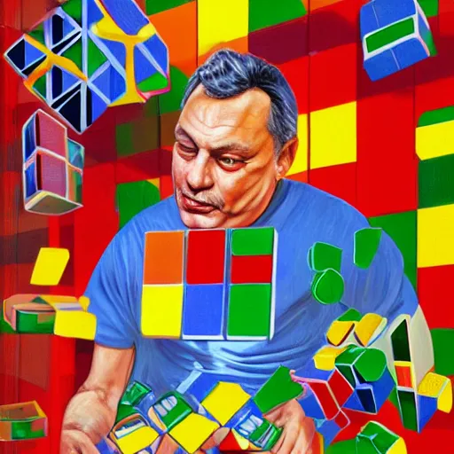 Image similar to portrait of viktor orban in training shorts confused by a rubik's cube, highly detailed illustration by boris vallejo