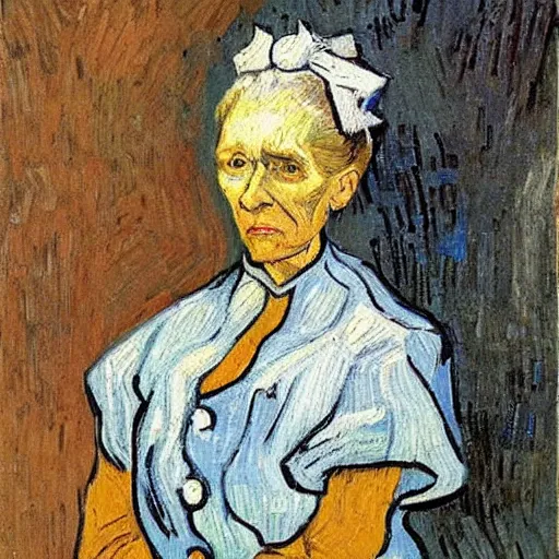 Image similar to an old white blond woman standing with a cane, around her are paintings, in the style of van gogh