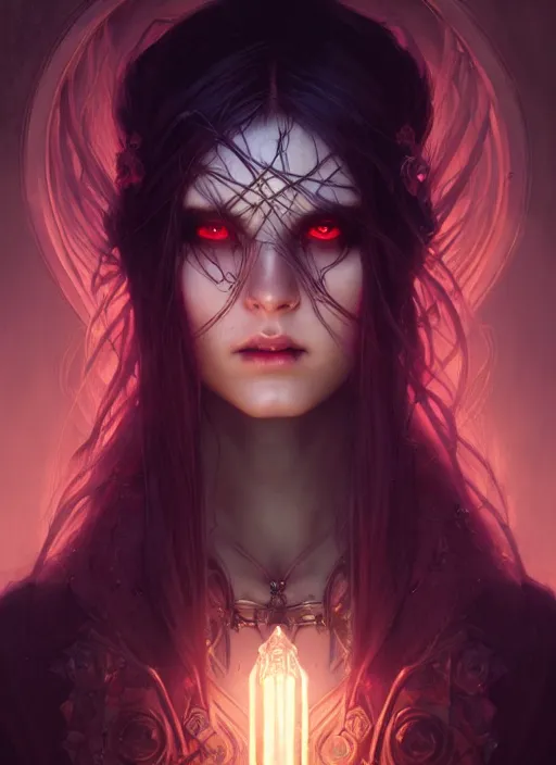 Image similar to Necromancer Sorceress, fantasy magic, undercut hairstyle, dark light night, intricate, elegant, sharp focus, illustration, highly detailed, digital painting, concept art, matte, art by WLOP and Artgerm and Greg Rutkowski and Alphonse Mucha, masterpiece