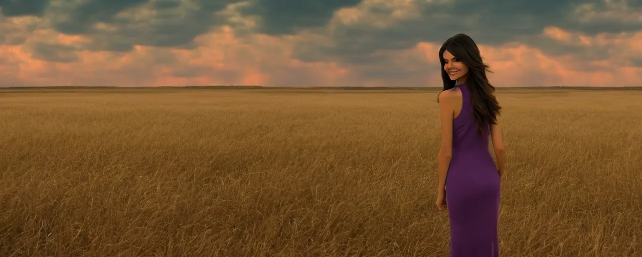 Image similar to film still of victoria justice, kansas landscape and sky, intricate, beautiful, serene, majestic, detailed, ultra, mega, super, visable sounds waves