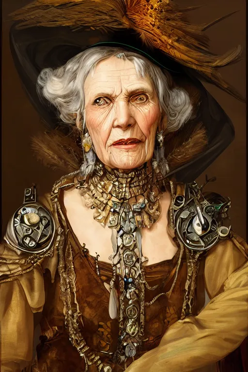 Image similar to portrait, headshot, digital painting, of a old 17th century, old lady cyborg merchant, amber jewels, clorful feathers, baroque, ornate clothing, scifi, futuristic, realistic, hyperdetailed, chiaroscuro, concept art, art by Waterhouse