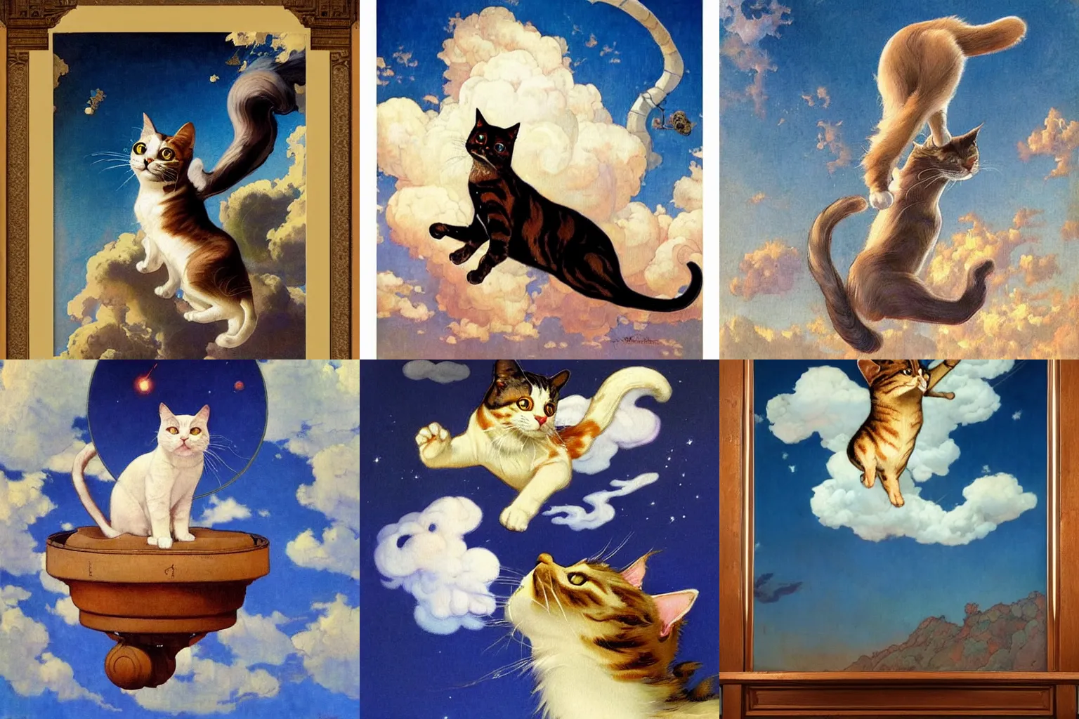 Prompt: An art nouveau painting of a jumping cat under the sky, by (Ross Tran, Norman Rockwell, Leonardo da Vinci), beautiful clouds, whole cat body, strong facial features, Trending on Artstation