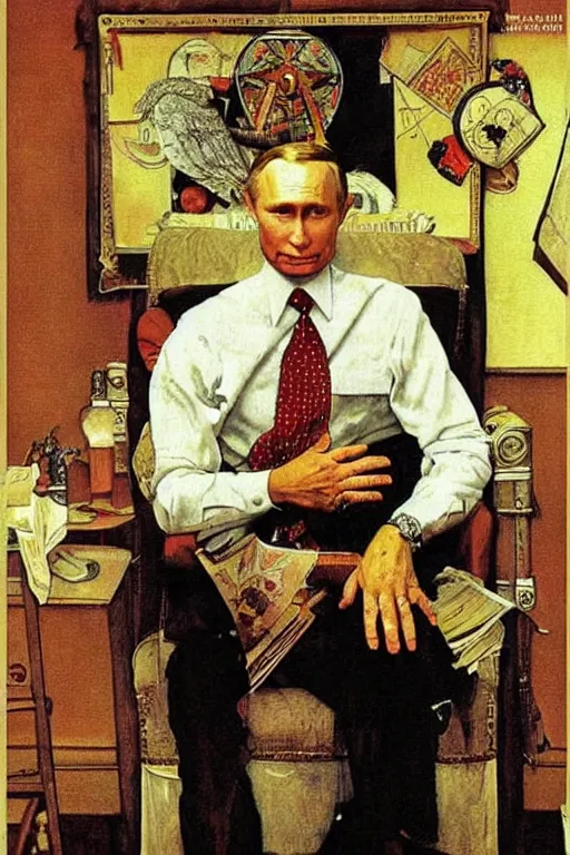 Prompt: vladimir putin. masonic occult painting by norman rockwell