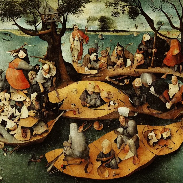 Image similar to The portrait of half-fish flipper hanged in the tree of true art by Hieronymus Bosch and Pieter Bruegel inspired by Terry Pratchett, super detailed oil painting, hyper realistic faces, 4k, masterpiece