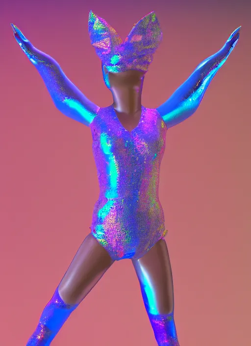 Image similar to 3 d render of a jester angel covered in glitter glue in a holographic leotard