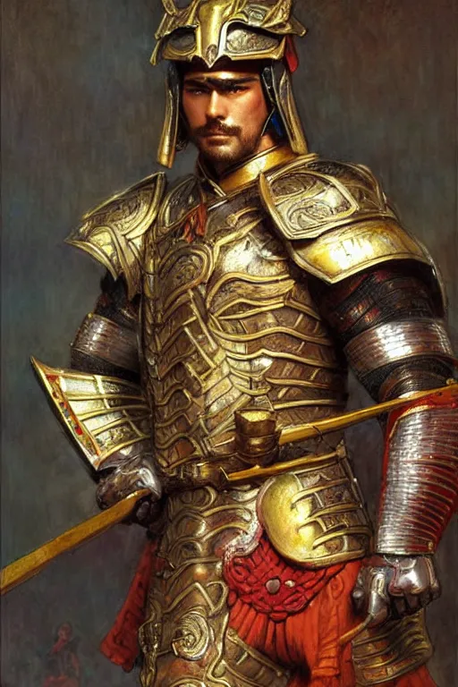 Prompt: attractive beefy male with armor, tang dynasty, character design, colorful, painting by gaston bussiere, craig mullins, j. c. leyendecker, tom of finland