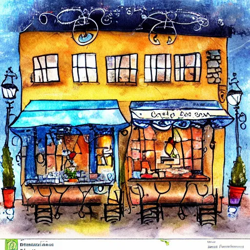 Prompt: beautiful cute cozy very little cafe on a cobblestone street, cute cartoon, watercolor, 4 colors