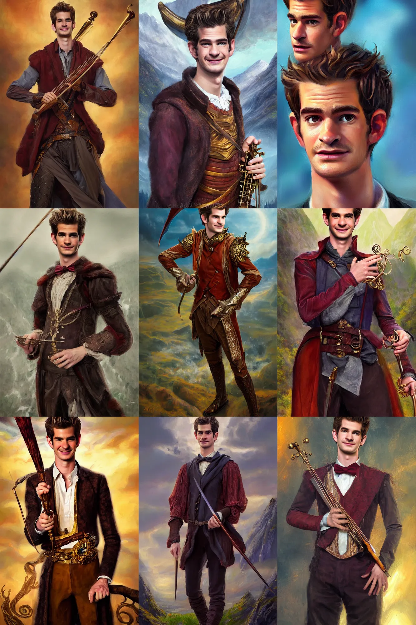 Prompt: a full body high detail fantasy portrait oil painting illustration of andrew garfield as elegant male bard by justin sweet with face and body clearly visible, in a scenic background, striking eyes, realistic proportions, d & d, rpg, forgotten realms, artstation trending, high quality, sombre mood, artstation trending, muted colours, entire person visible!