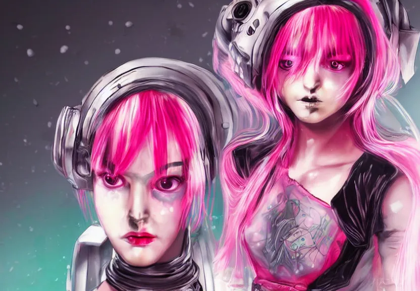 Prompt: little android girl with eccentric pink haircut wearing black feather dress, cyberpunk, anime style artwork, dark, neon, anatomically perfect