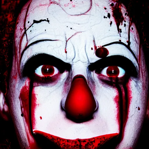 Image similar to medium shot of an expressionless clown with blood splattered on his face, muted tones, slightly out of focus, found footage, bland colors