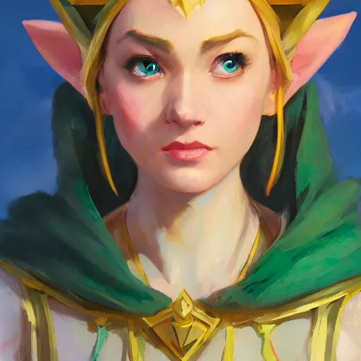 Image similar to greg manchess portrait of zelda as disney character, triforce, perfect face, matte painting, bold shapes, hard edges, by huang guangjian, gil elvgren, sachin teng. in a beautiful landscape full of emotions, cgsociety masterpiece, artstation trending, by rossdraws, ghibli, kimi no na wa, greg rutkowski, simon stalberg