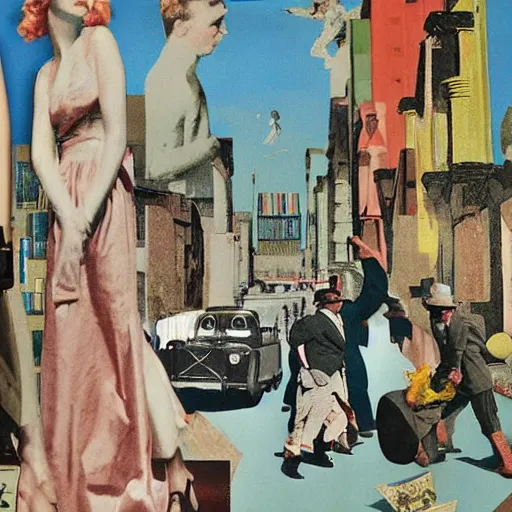 Prompt: 1950 magazine cut out collage of Cristopher Street day, Jugendstil, painted by Neo Rauch,