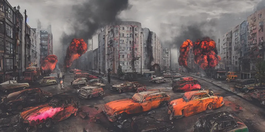 Image similar to post - apocalyptic kreuzberg streets covered in colorful smoke, burned cars, explosions, hyperrealistic, gritty, damaged, drone photography, photorealistic, high details