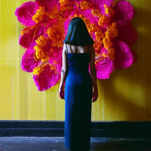 Prompt: giant flower head, full body, girl standing in mid century hotel, surreal, symmetry, bright colors, cinematic, wes anderson