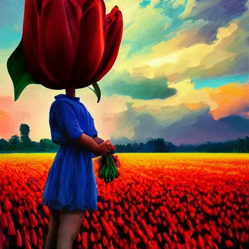 Image similar to girl with singular giant tulip as a head, surreal photography, flower field, sunset dramatic light, impressionist painting, colorful clouds, blue sky, digital painting, artstation, simon stalenhag