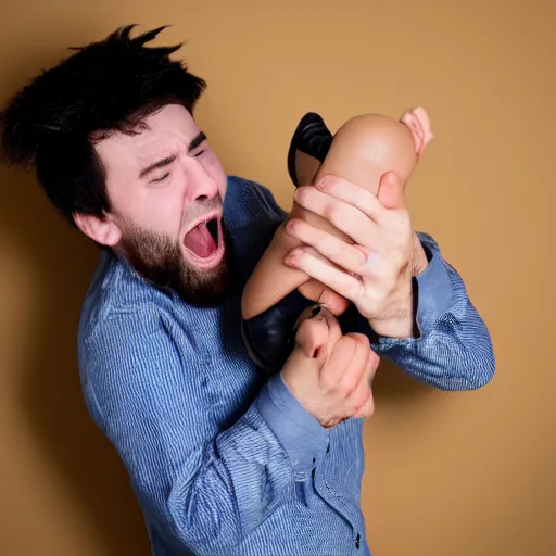 Prompt: photo of a tiny screaming man about to be squashed by a giant shoe