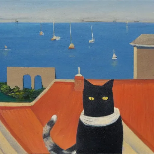 Image similar to the cat is sitting on the roof and looking at the bay and the fortress, oil painting