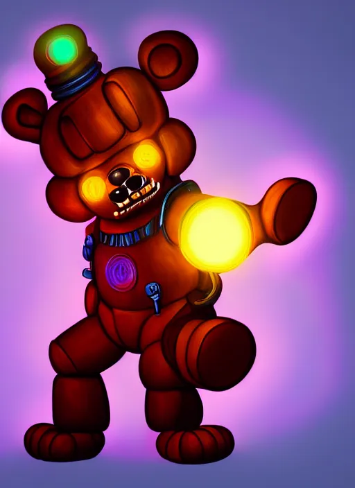 Image similar to portrait of freddy fazbear, glowing lights, highly detailed, digital painting, artstation, concept art, sharp focus, illustration